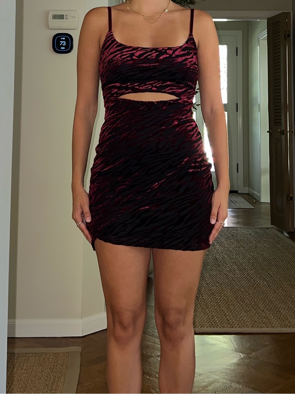 Lulu's Burgundy Velvet Zebra Print Cutout Mini Dress, Size S